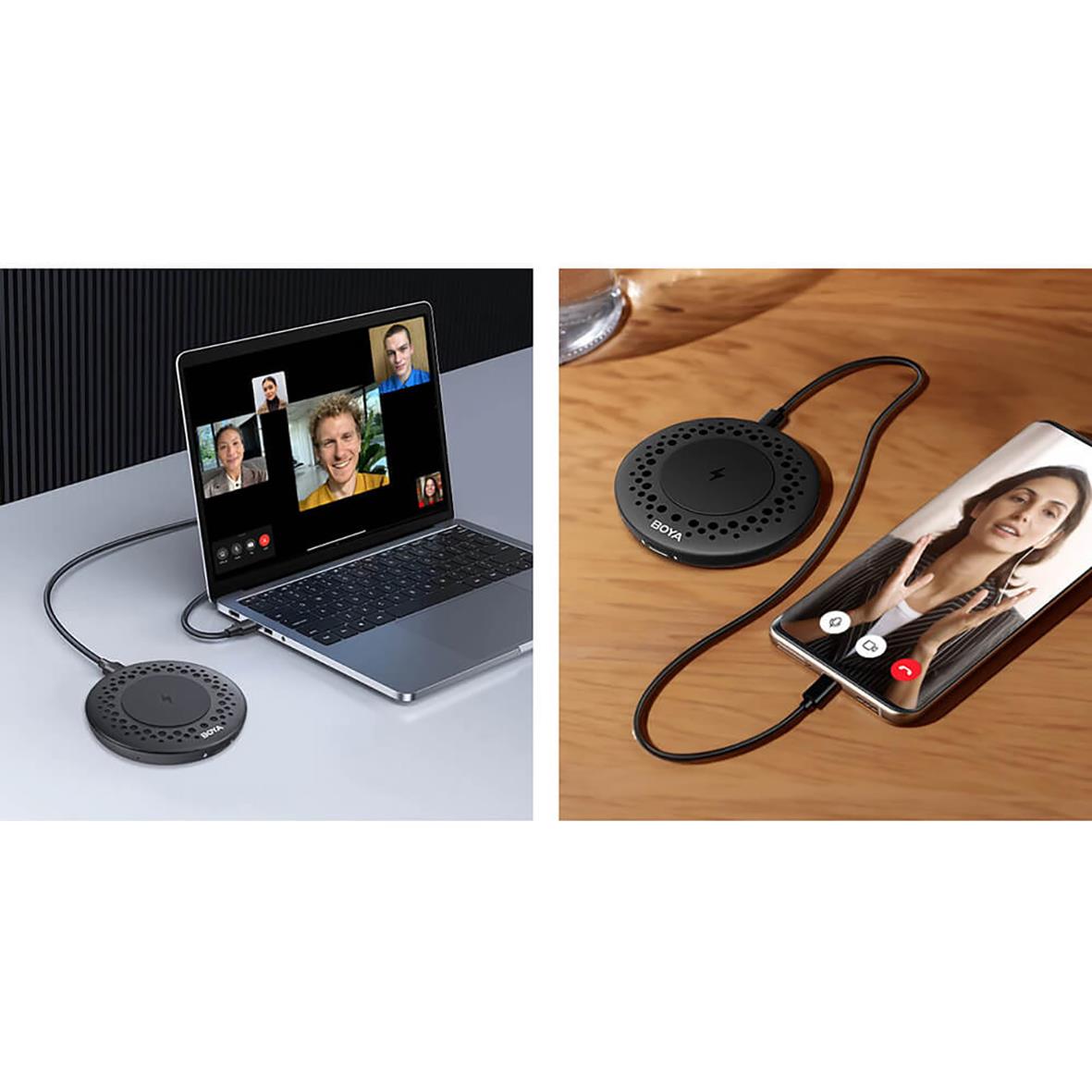 Konferensmikrofon Boya Nobby kopplat till dator och mobil för videokonferenser