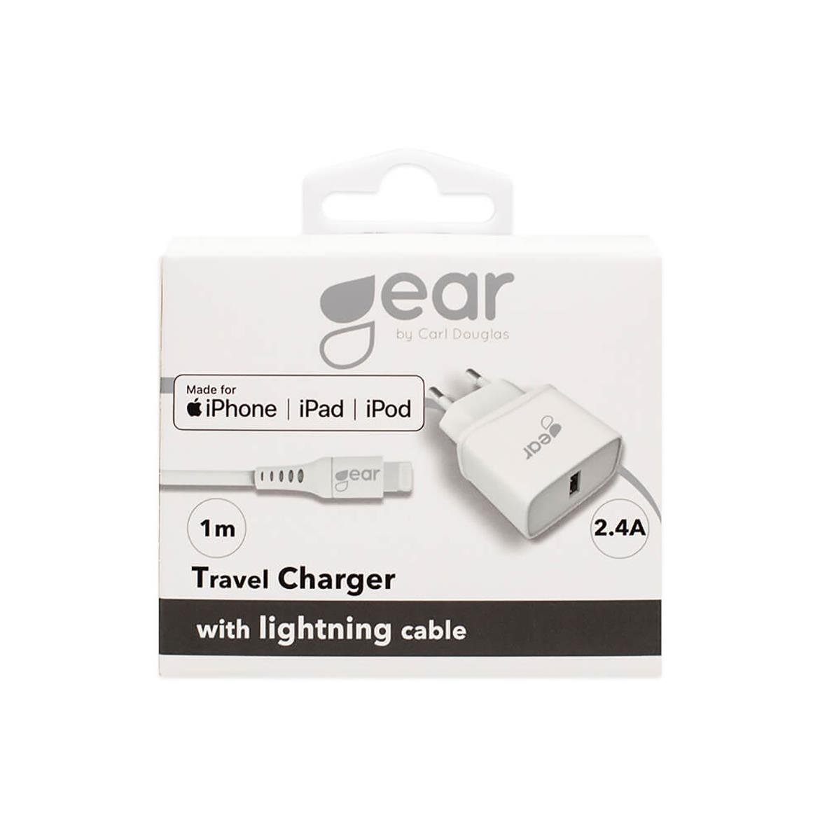 Väggladdare Gear 1xUSB-A 10W med Lightning-kabel 1m för iPhone, iPad och iPod