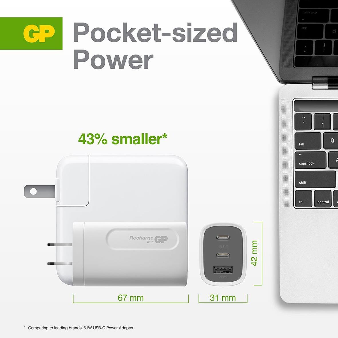 Väggladdare GP GaN PD 65W med 2 USB C och 1 USB A, kompakt design, 43% mindre