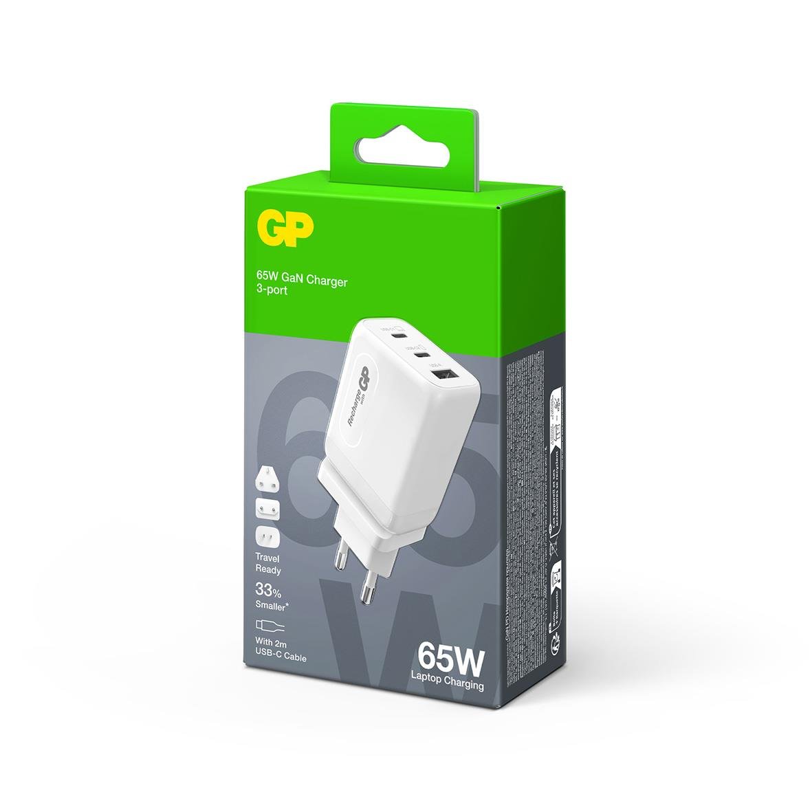 Väggladdare GP GaN PD 65W med 2 USB C och 1 USB A, kompakt design, 43% mindre