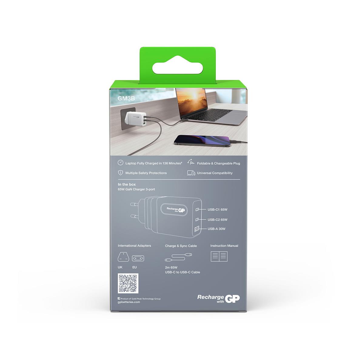 Väggladdare GP GaN PD 65W med 2 USB-C och 1 USB-A-port, laddar flera enheter samtidigt