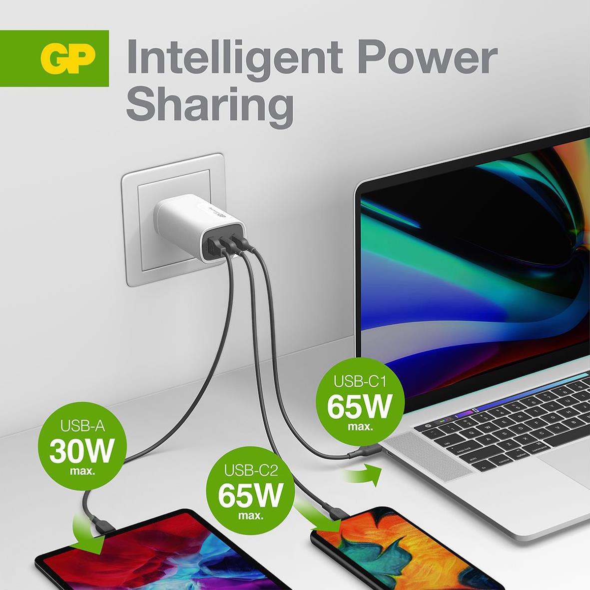 Väggladdare GP GaN PD 65W med 2 USB-C och 1 USB-A-port, laddar flera enheter samtidigt