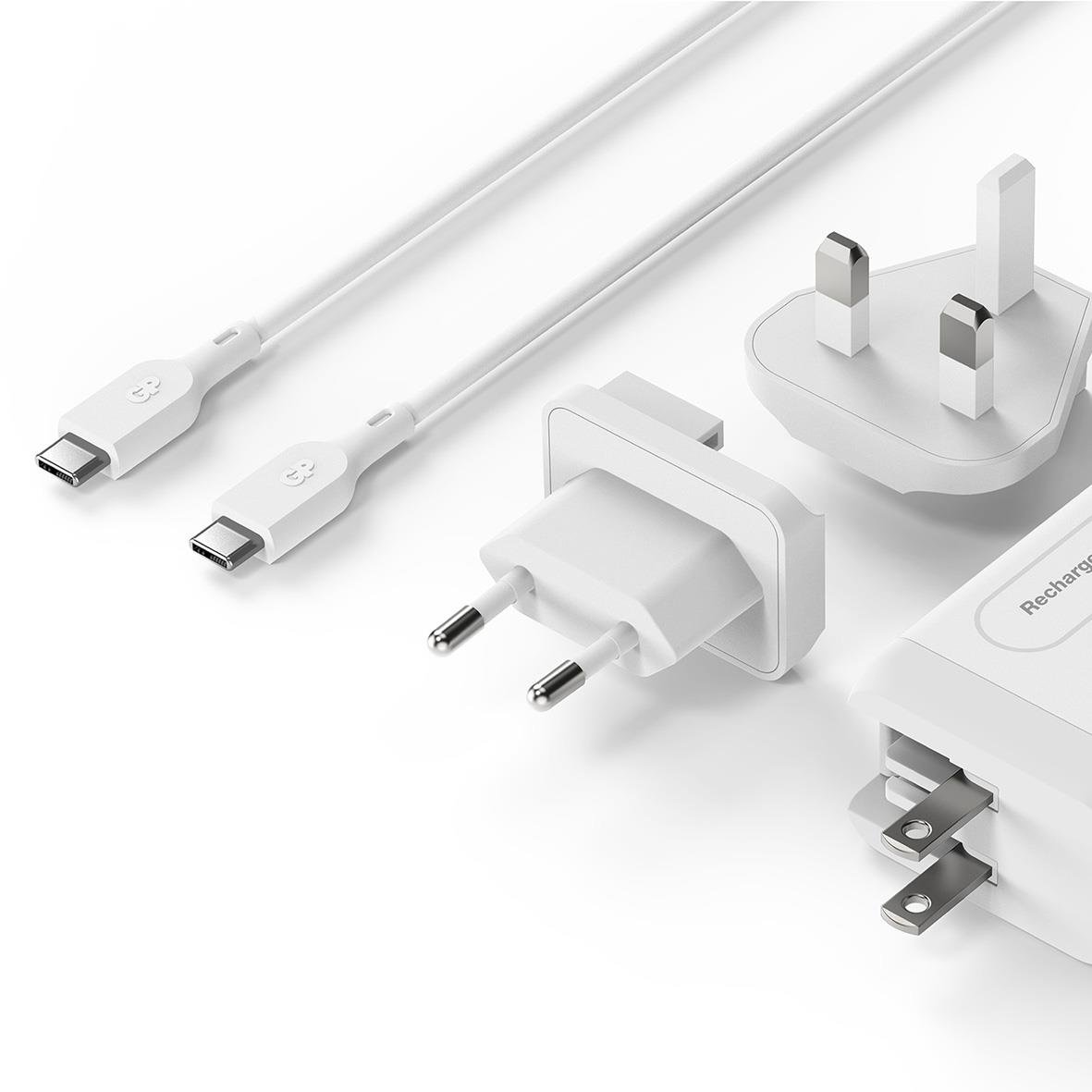 Väggladdare GP GaN PD 65W med 2 USB C och 1 USB A, med skjutlås och olika adaptrar för EU, UK och CN