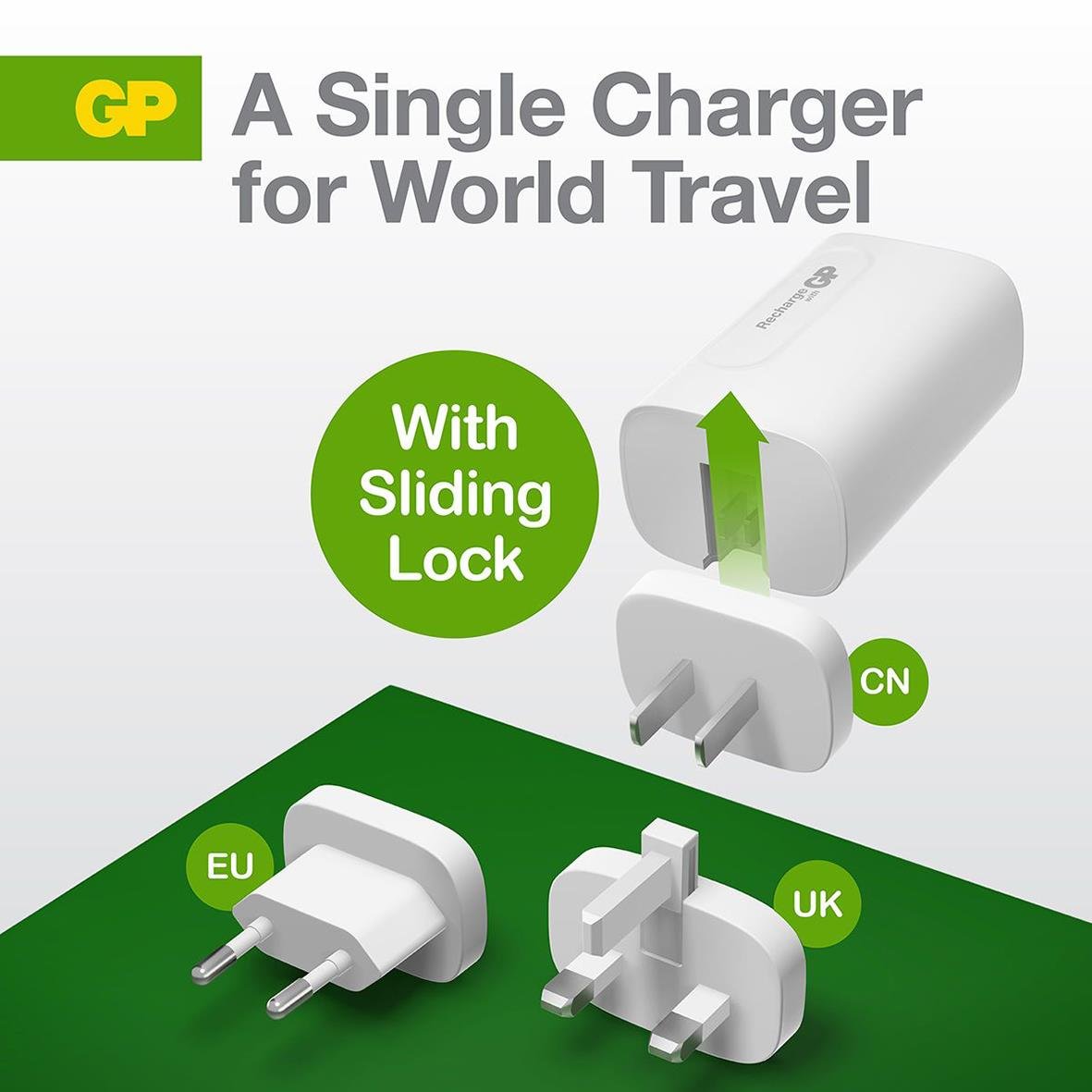 Väggladdare GP GaN PD 65W med 2 USB C och 1 USB A, med skjutlås och olika adaptrar för EU, UK och CN