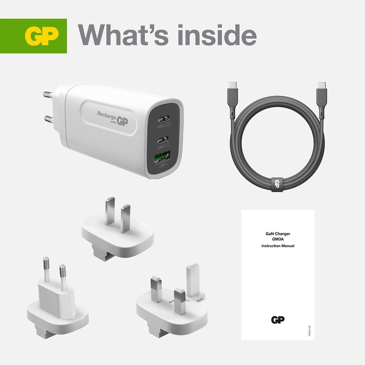 Väggladdare GP GaN PD 65W med 2 USB-C och 1 USB-A samt medföljande kabel och adaptrar