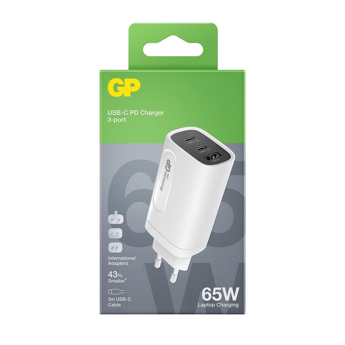 Väggladdare GP GaN PD 65W med 2 USB-C och 1 USB-A-port