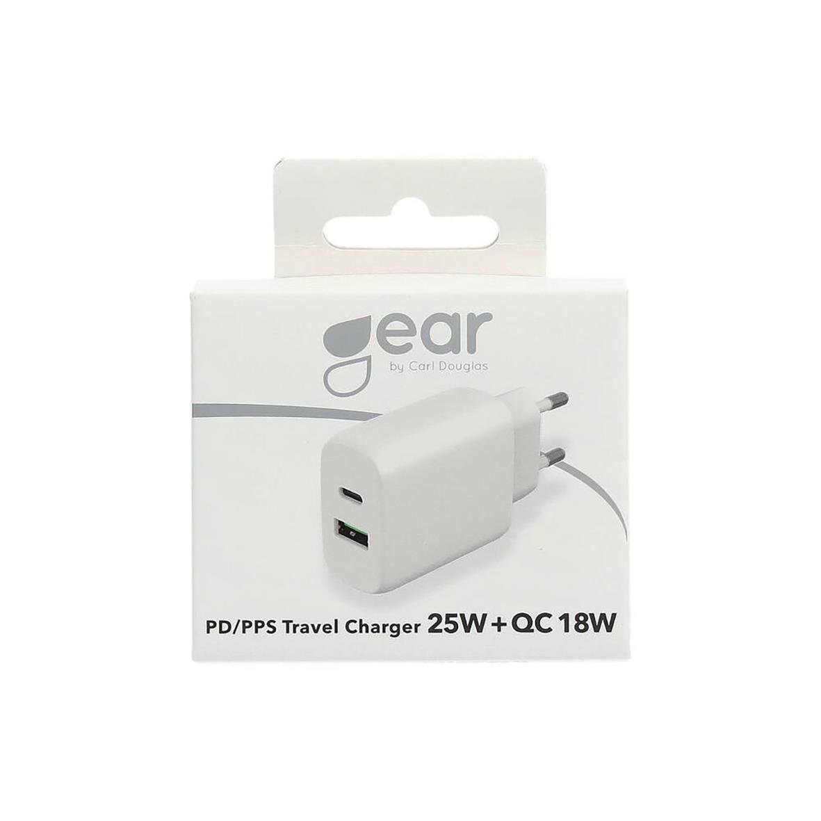 Väggladdare Gear 220V 1xUSB-C + 1xUSB-A 25W+18W Vit