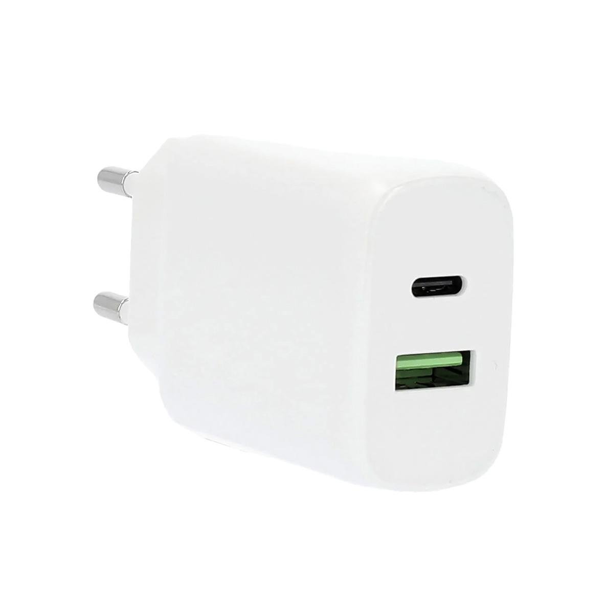 Väggladdare med USB-C och USB-A-portar, 25W och 18W, vit färg