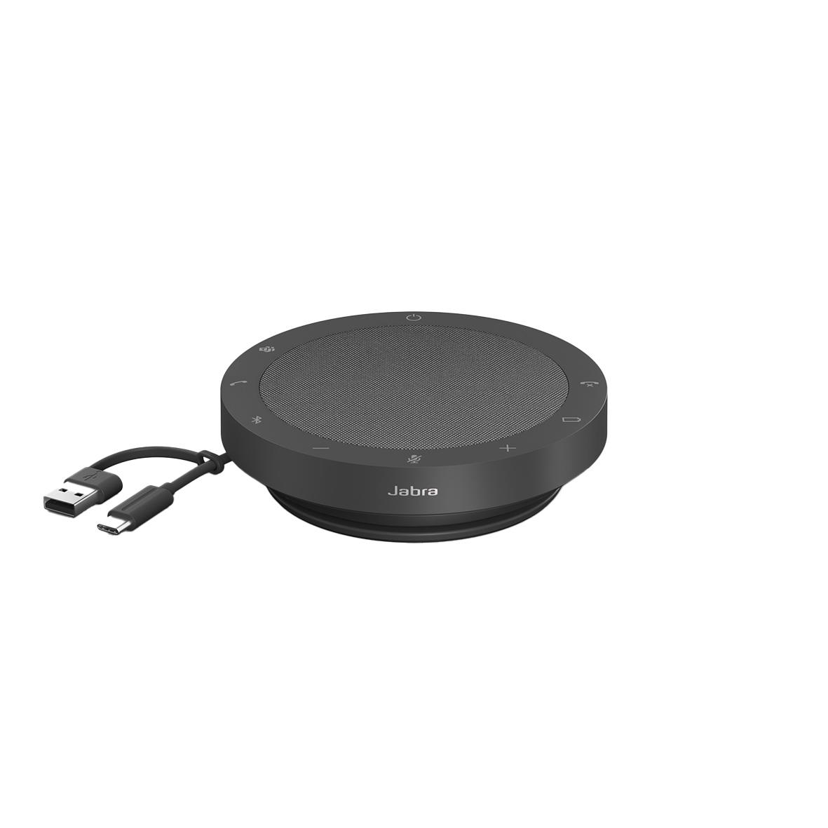 Jabra Speak2 55 UC konferensenhet med rund design och USB-kabel