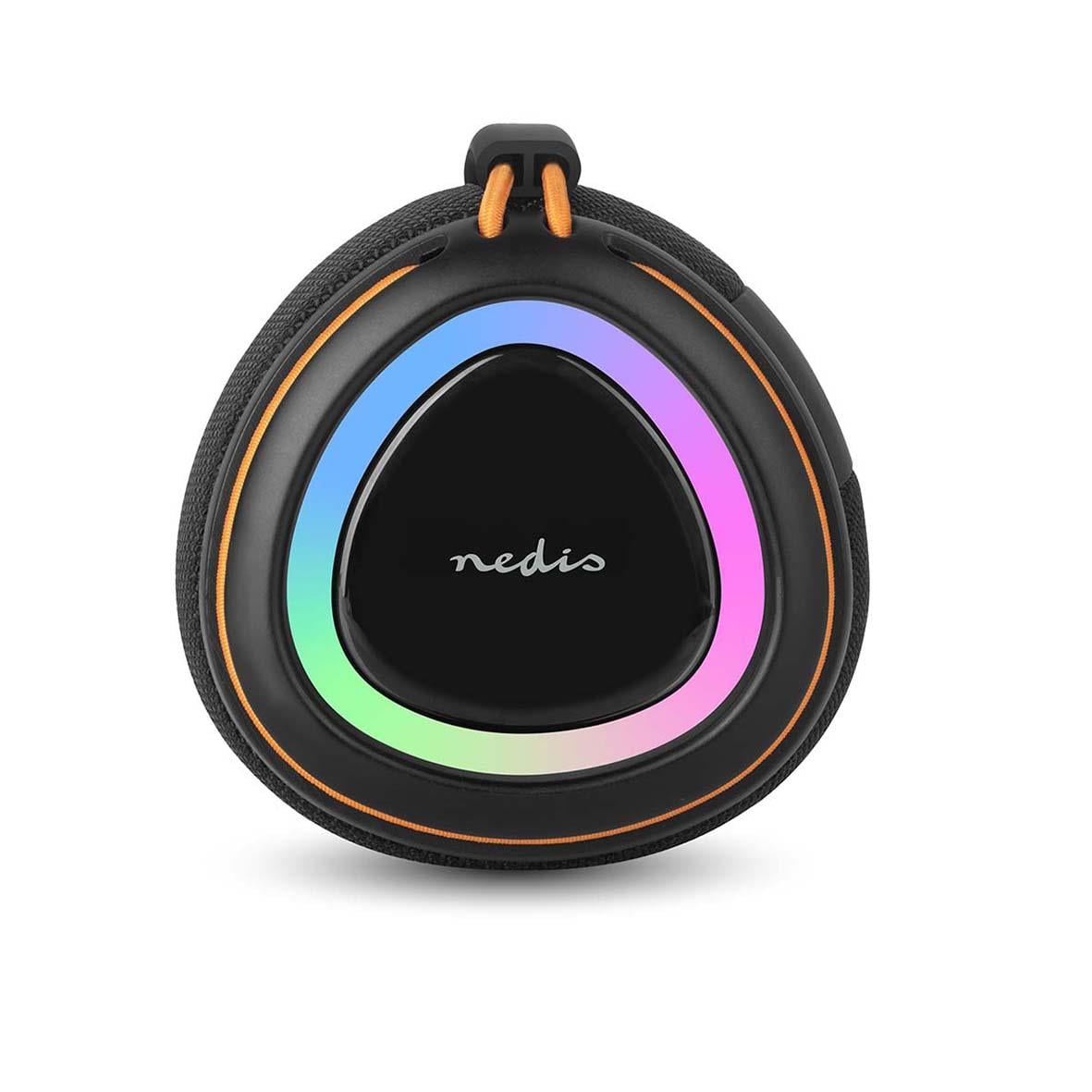 Portabel Nedis Bluetooth-högtalare med 40W i svart, rund design med färgglad LED-belysning