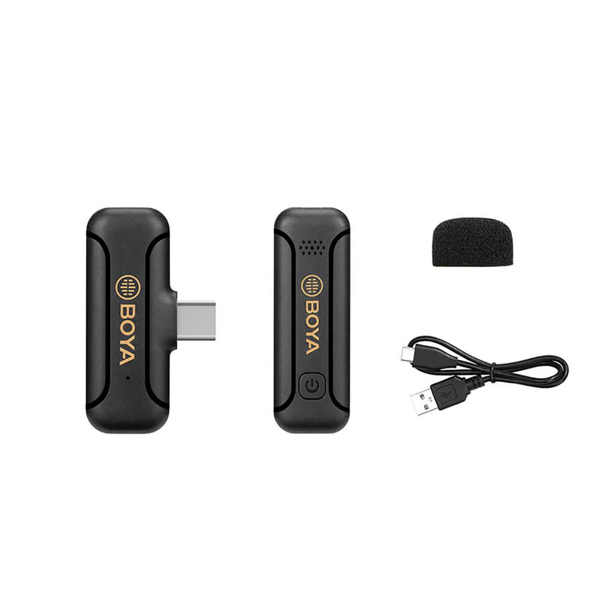 Trådlöst mikrofonset med USB-C-anslutning, inkluderar mikrofon, mottagare, vindskydd och USB-kabel