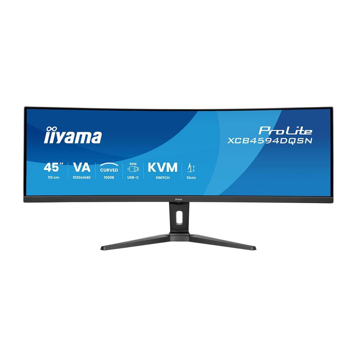 Iiyama Curved Dual QHD 45-tums skärm med blå bakgrund och text