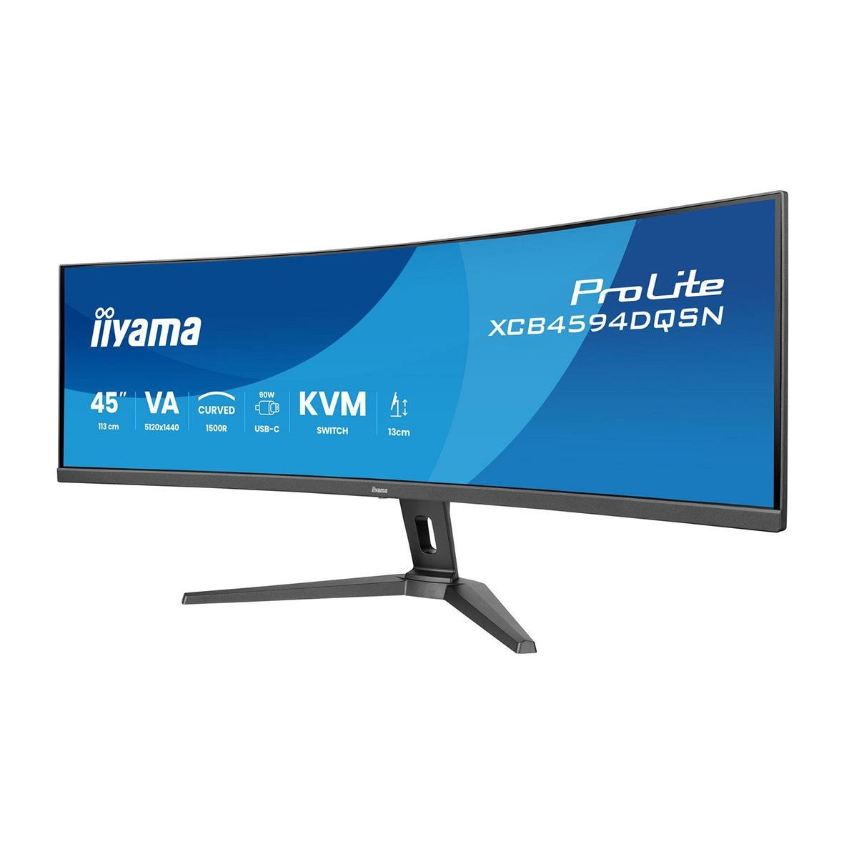 Iiyama Curved Dual QHD 45-tums skärm med stålfot och blå bakgrund