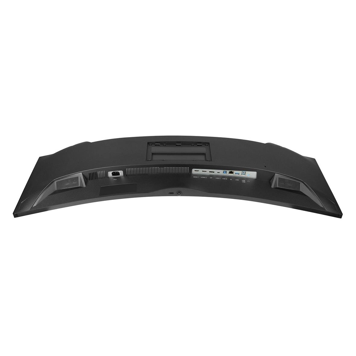 Baksidan av en iiyama Curved Dual QHD 45-tums skärm med anslutningar och justeringsknappar