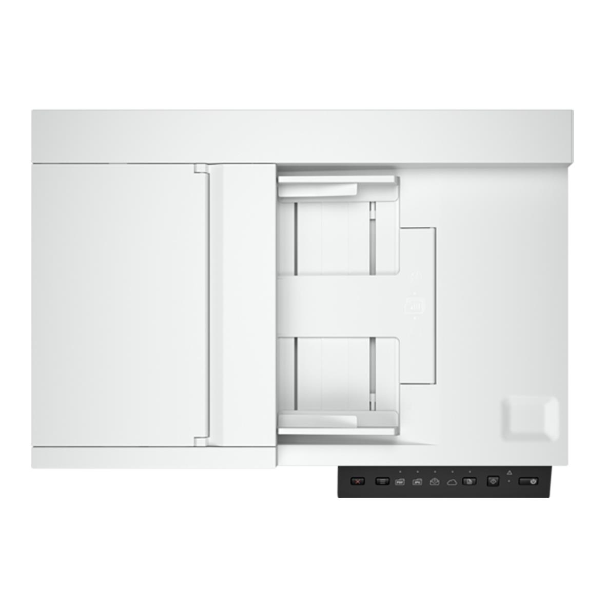 HP ScanJet Pro 2600 F1 skanner sett ovanifrån med öppet skannerfönster och kontrollpanel