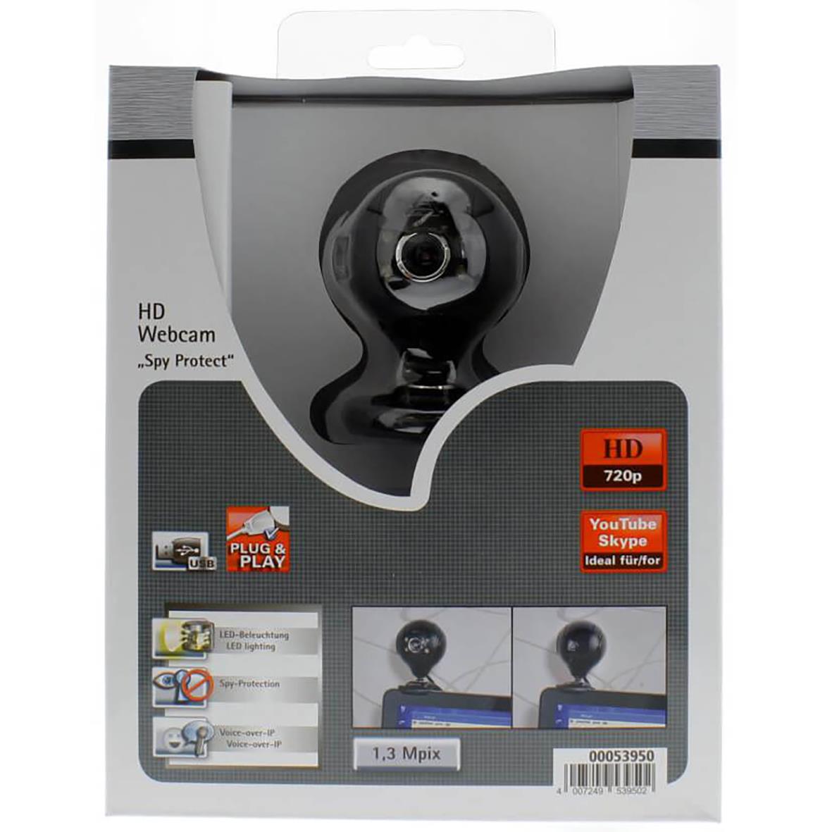 Webbkamera Hama HD Spy Protection i förpackning med bild av kameran och funktioner