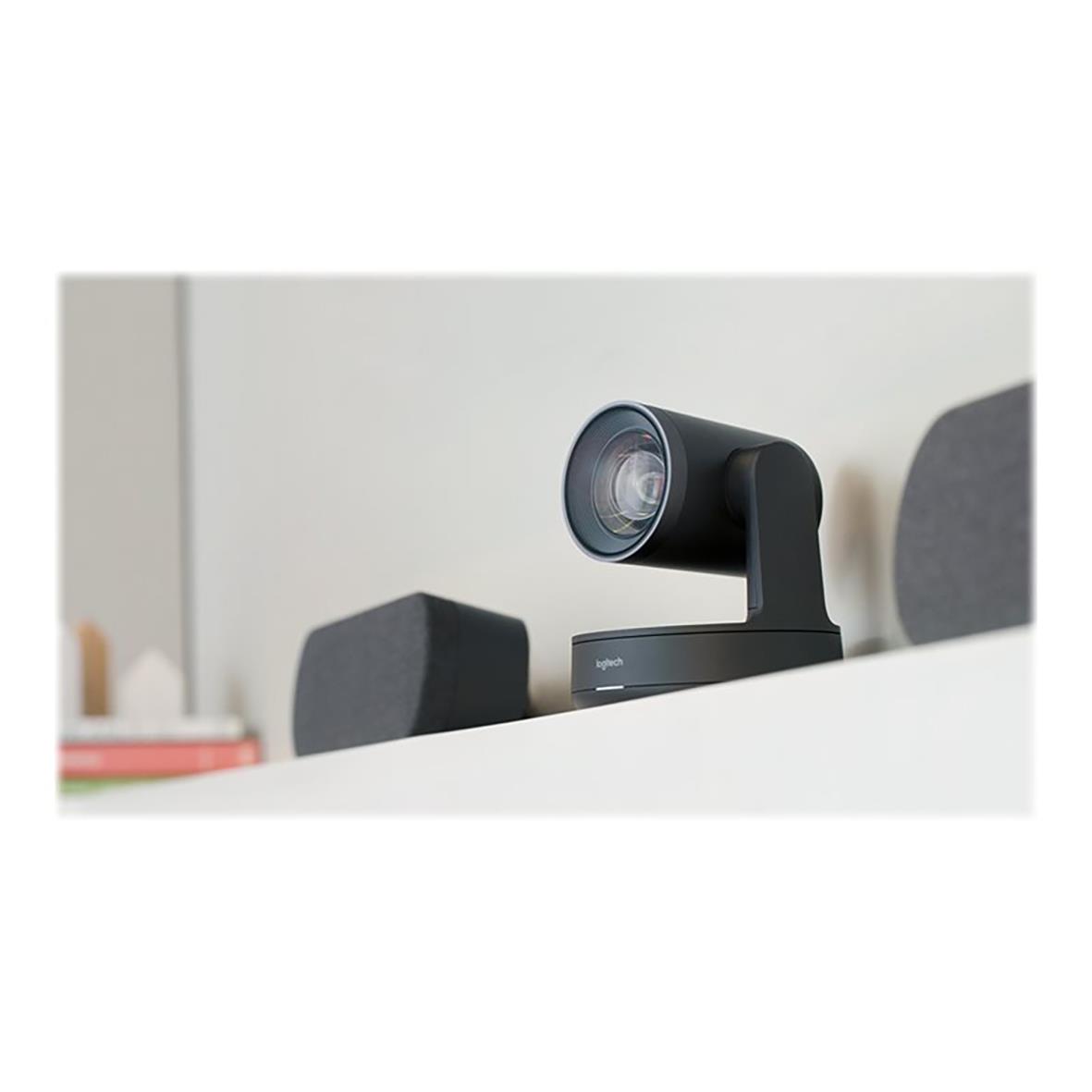 Logitech Rally Plus konferenssystem med kamera på vit yta
