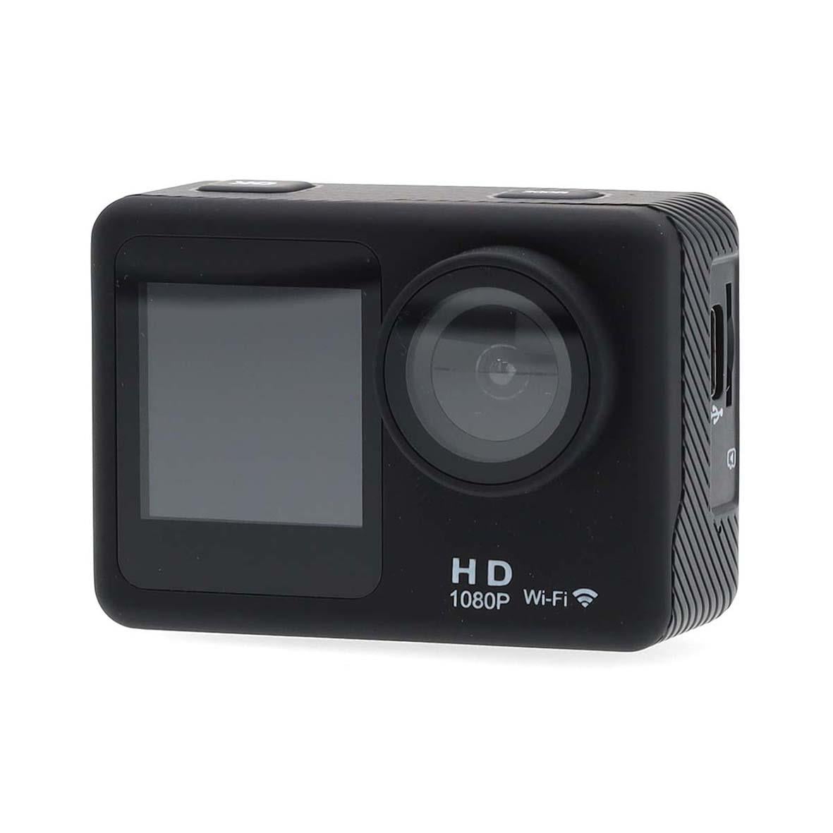 Svart actionkamera Nedis med 12 MP, 1080p HD, Wi-Fi och LCD-skärm