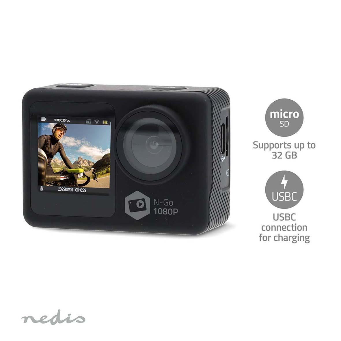 Svart actionkamera Nedis 12 MP med 1080p video, microSD stöd upp till 32 GB och USB-C laddning
