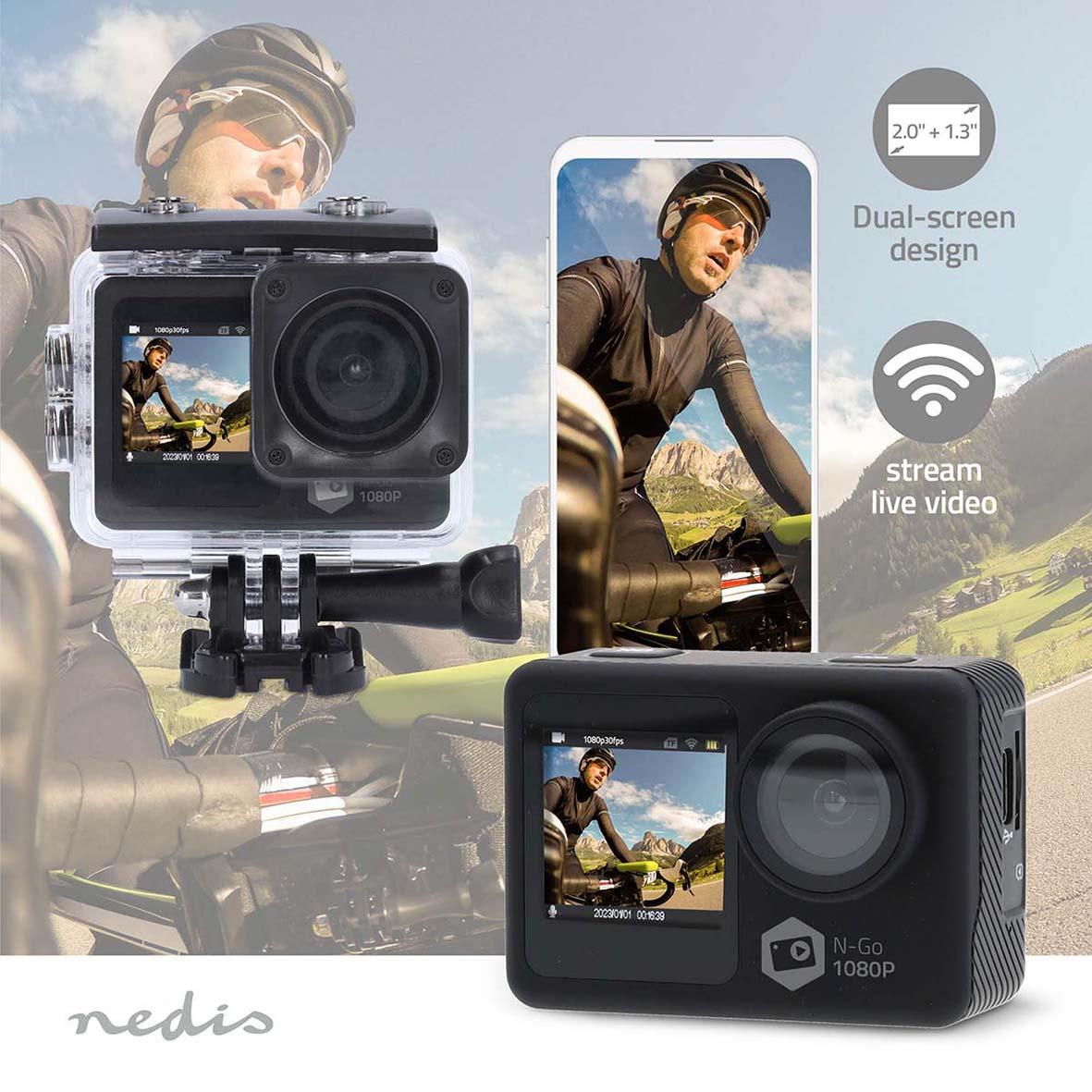 Actionkamera Nedis 12 Mpixel svart med dual-screen design och live streaming funktion