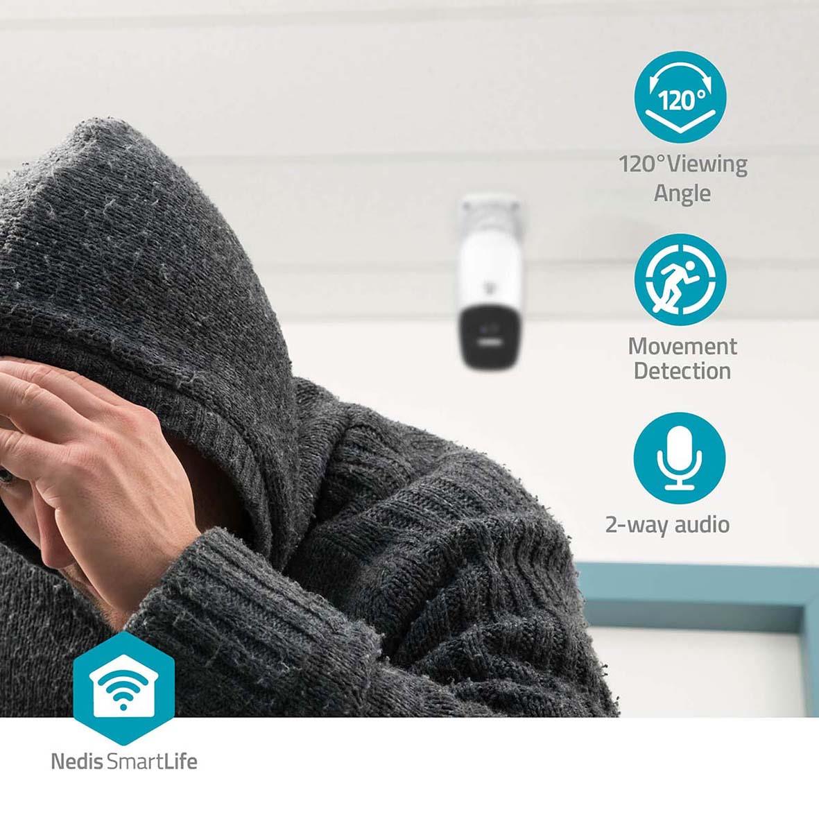 Vit utomhusövervakningskamera med 120° vinkel, rörelsedetektion och tvåvägsljud