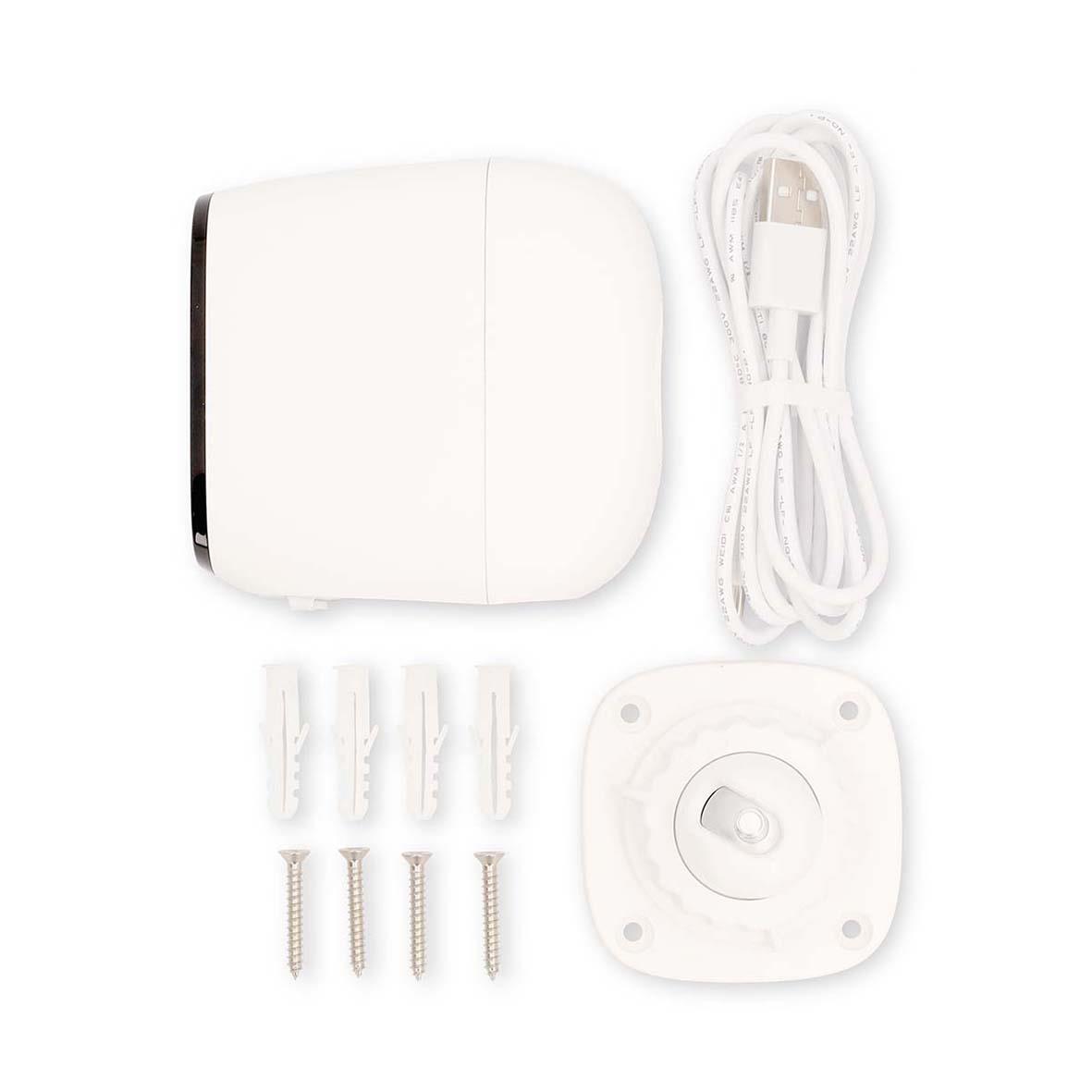 Vit utomhusövervakningskamera från Nedis med tillbehör och monteringsmaterial