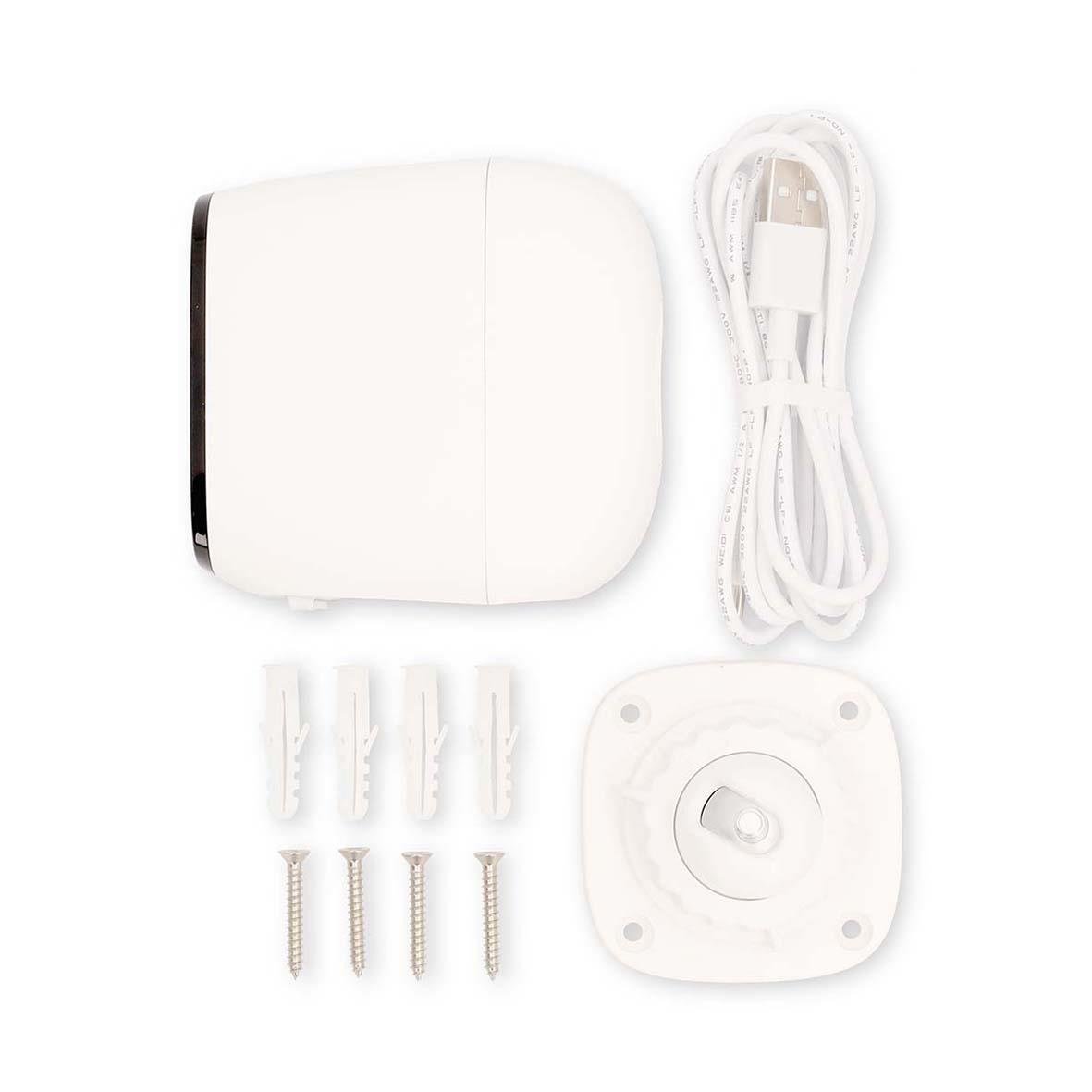 Vit utomhusövervakningskamera från Nedis med tillbehör och monteringsmaterial