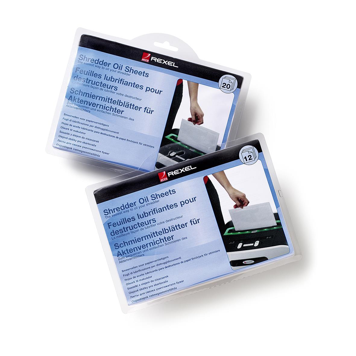 Två paket oljeark Rexel, ett med 20 ark och ett med 12 ark, för oljeförstöring