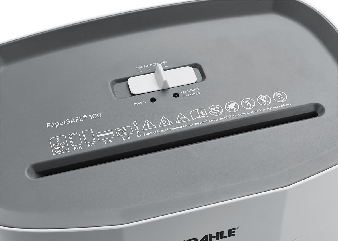 Dahle PaperSafe 100 P4 dokumentförstörare med skjutreglage och symboler för säkerhetsfunktioner
