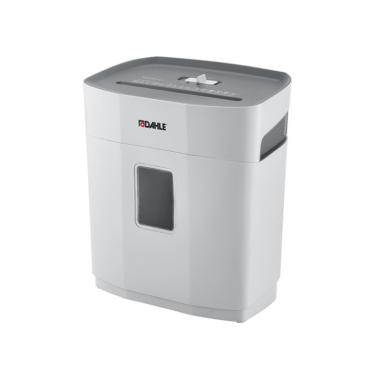 Dahle PaperSafe 120 P4 dokumentförstörare i vitt med fönster på framsidan och kontrollpanel på toppen