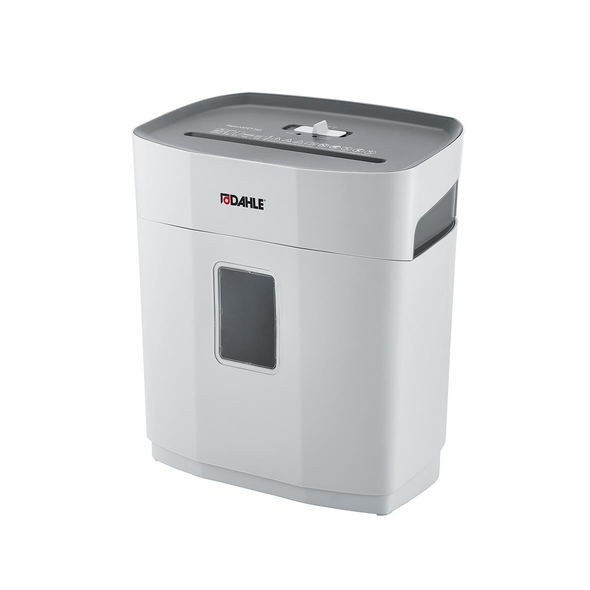 Dahle PaperSafe 140 P4 dokumentförstörare i vitt med fönster och kontrollpanel