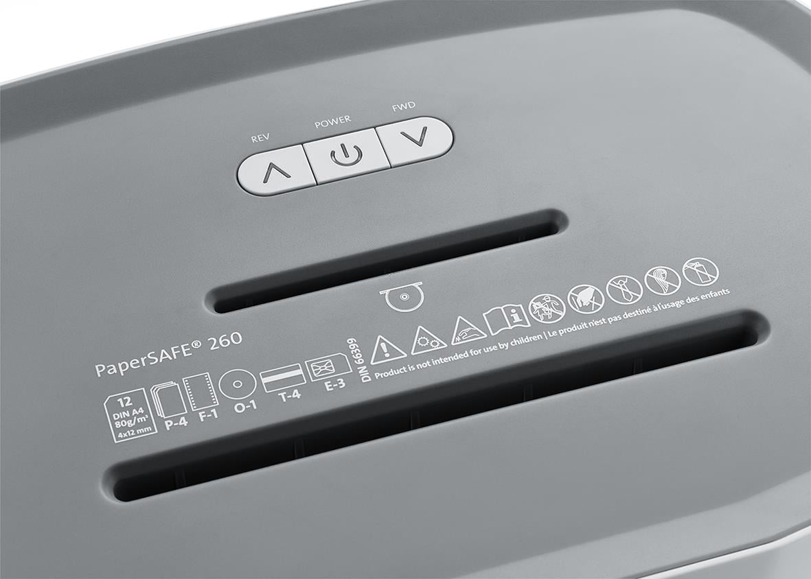 Nära bild av dokumentförstörare Dahle PaperSafe 260 P4 med kontrollknappar och pappersfack