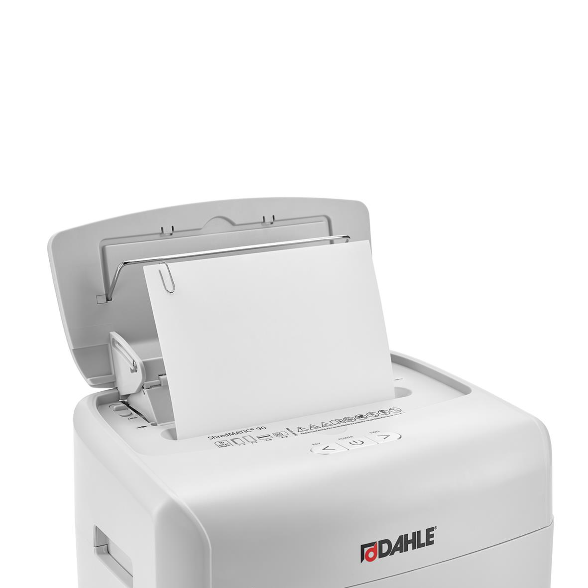 Dahle ShredMatic 90 P4 dokumentförstörare med öppet lock och papperskassett