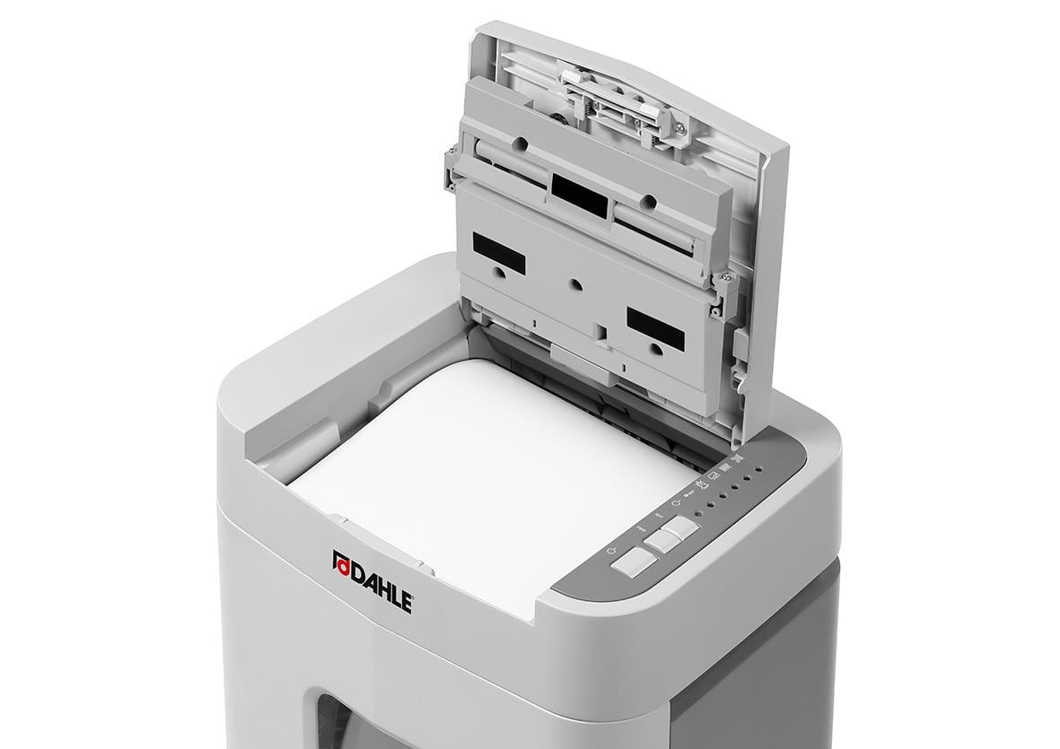 Dahle ShredMatic 150 P4 dokumentförstörare med öppet lock och pappersskörd