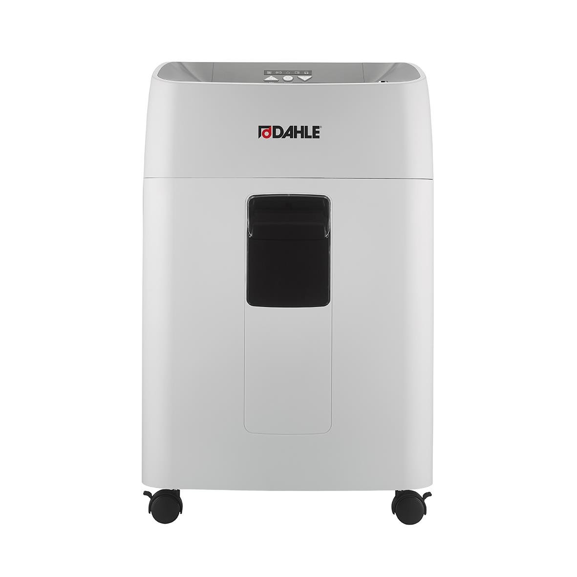 Dahle ShredMatic 300 P4 dokumentförstörare i vitt med svart fönster och hjul