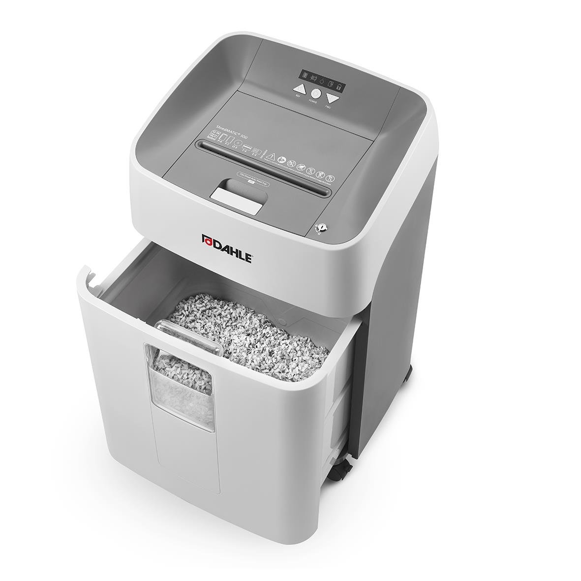 Dahle ShredMatic 300 P4 dokumentförstörare med papperskorg och kontrollpanel