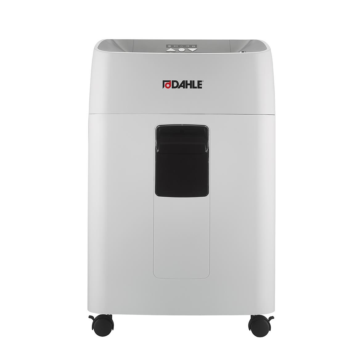 Dahle ShredMatic 300 P5 dokumentförstörare i vitt med svart lucka och hjul