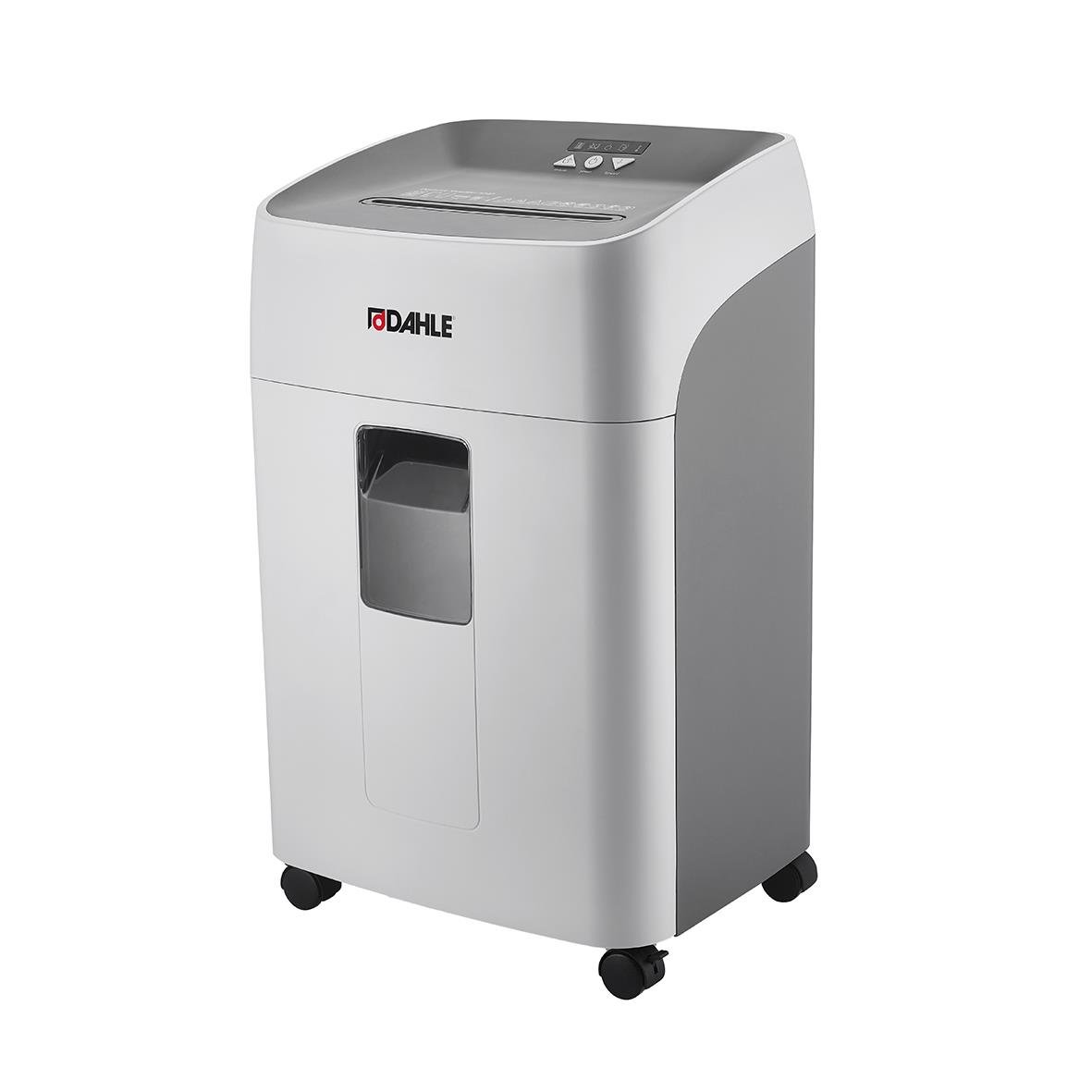 Dahle dokumentförstörare Deskside 504P P5 i vitt med kontrollpanel på toppen