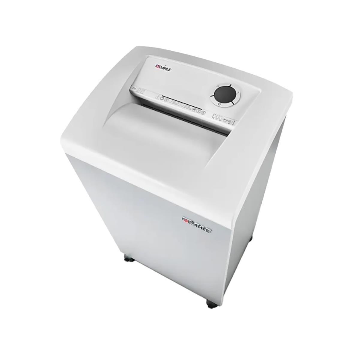 Dahle Team 410 P4 dokumentförstörare i vitt med kontrollknapp och roterande hjul