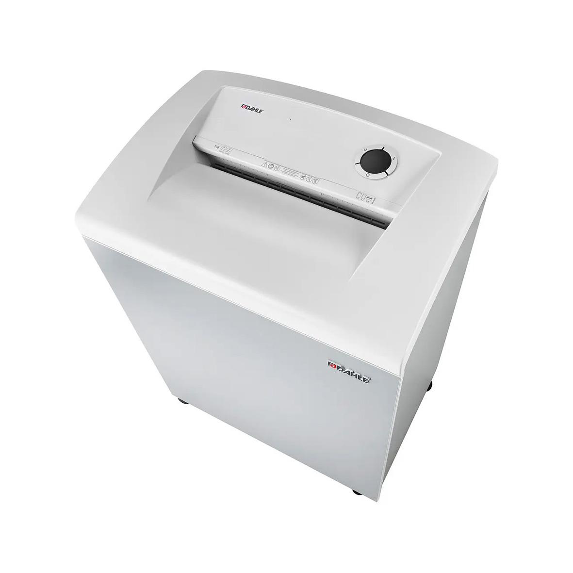 Dahle dokumentförstörare modell 716 P7 i vitt, med kontrollknapp och inställningar på ovansidan