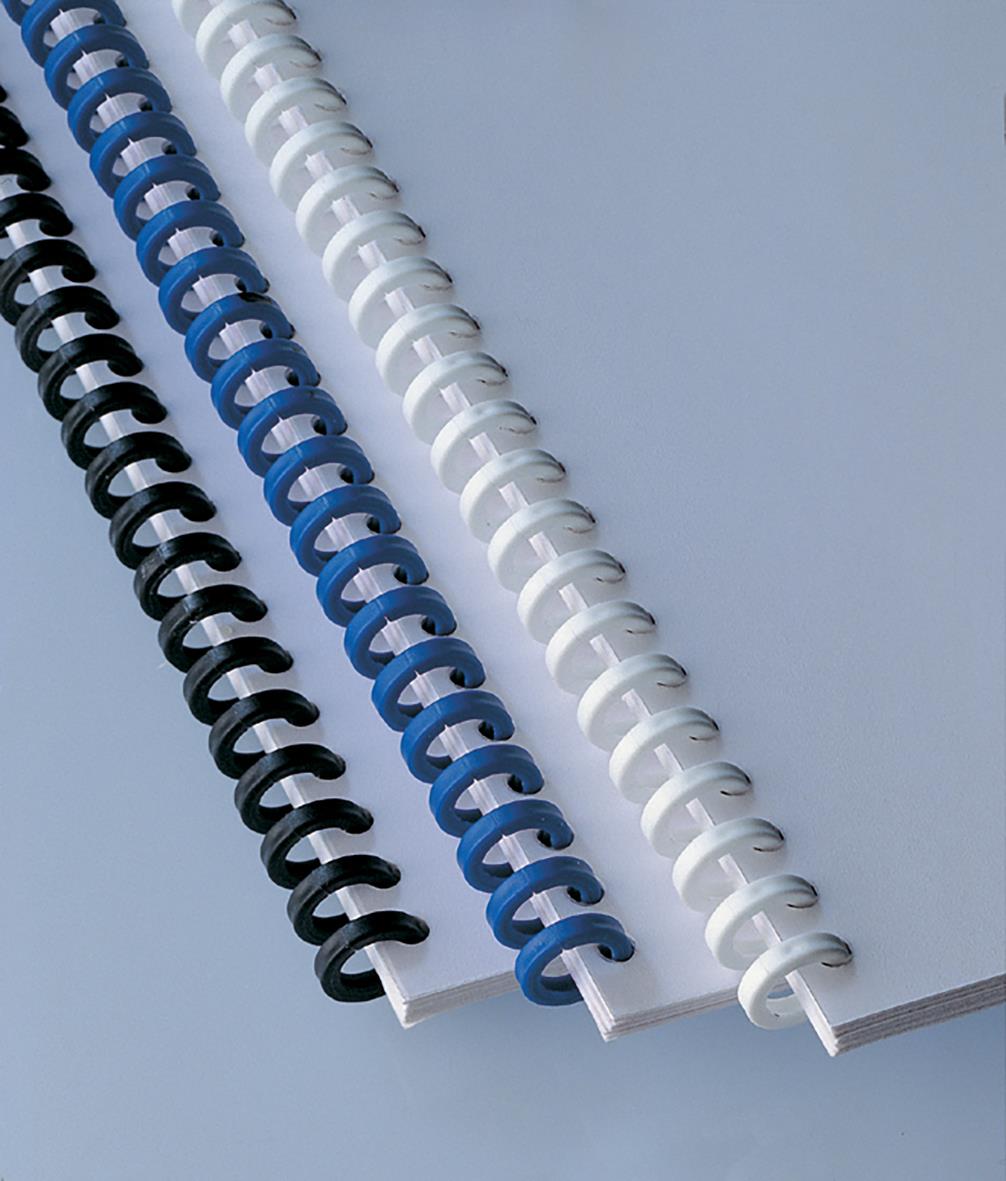 Svarta, blå och vita spiralbindningar för A4-format, 12mm i diameter