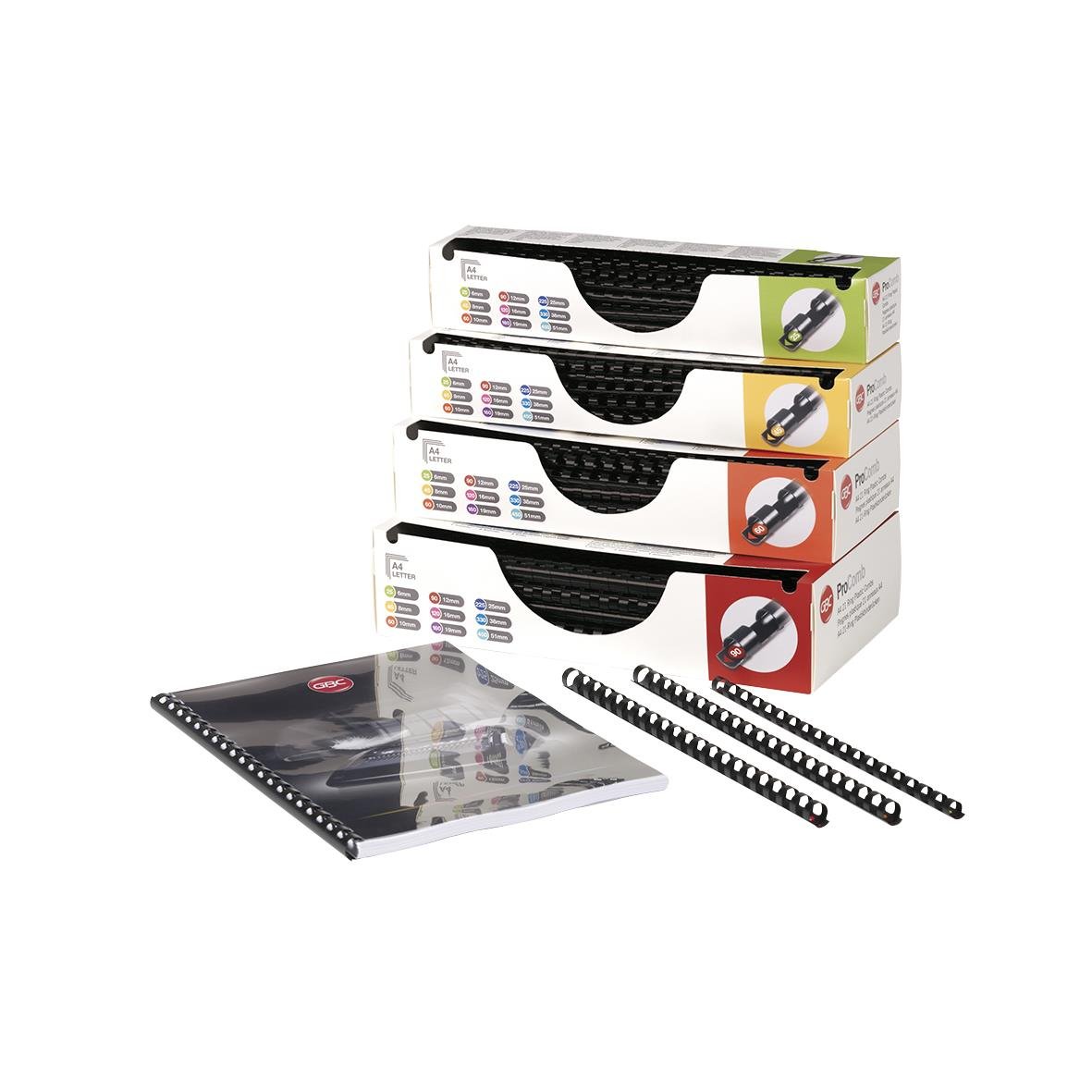 Svarta plastspiraler för bindning, 10mm, A4 storlek, i förpackning med tre rullar och en spiralblock