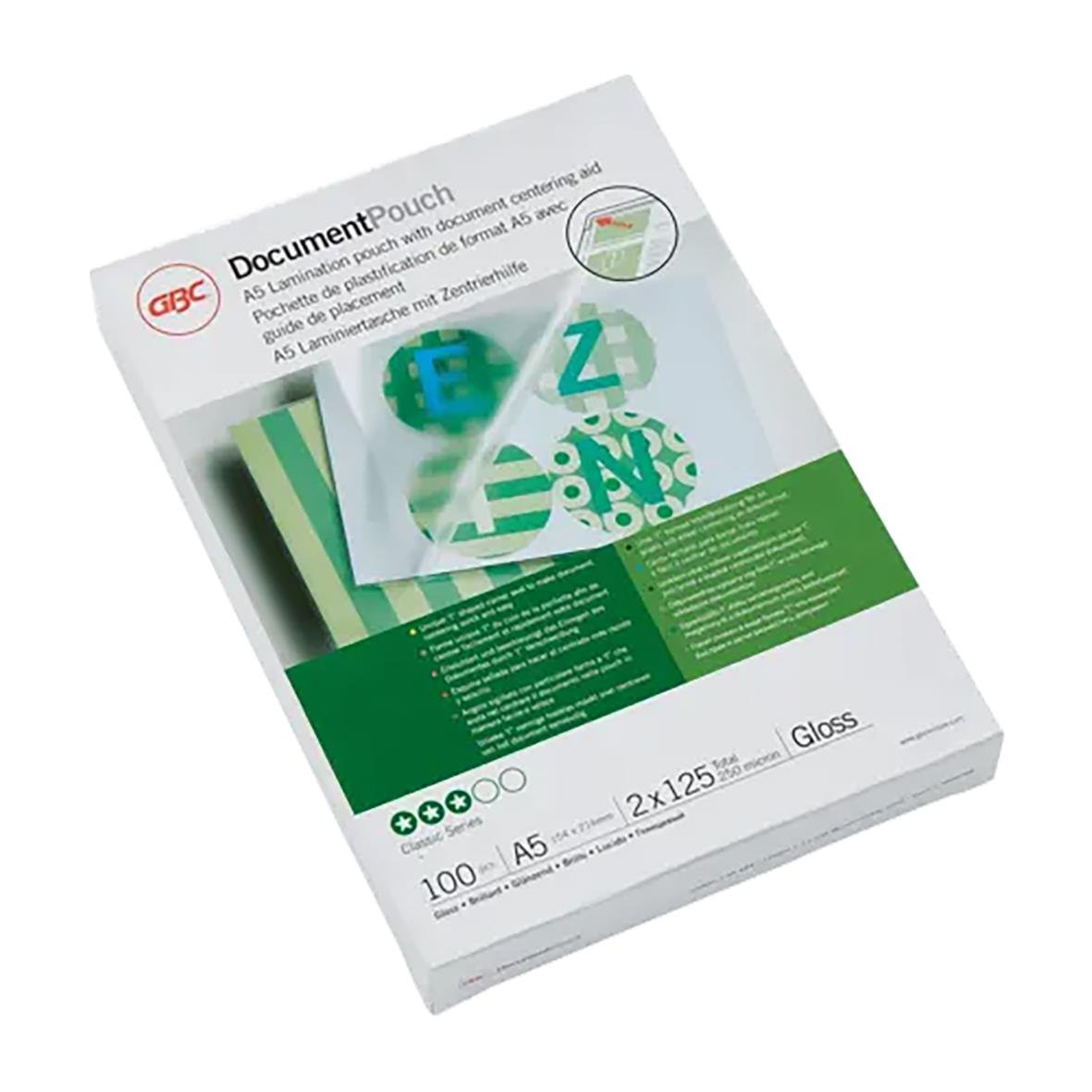 Lamineringsficka GBC 125mic A5 i förpackning med 100 blad