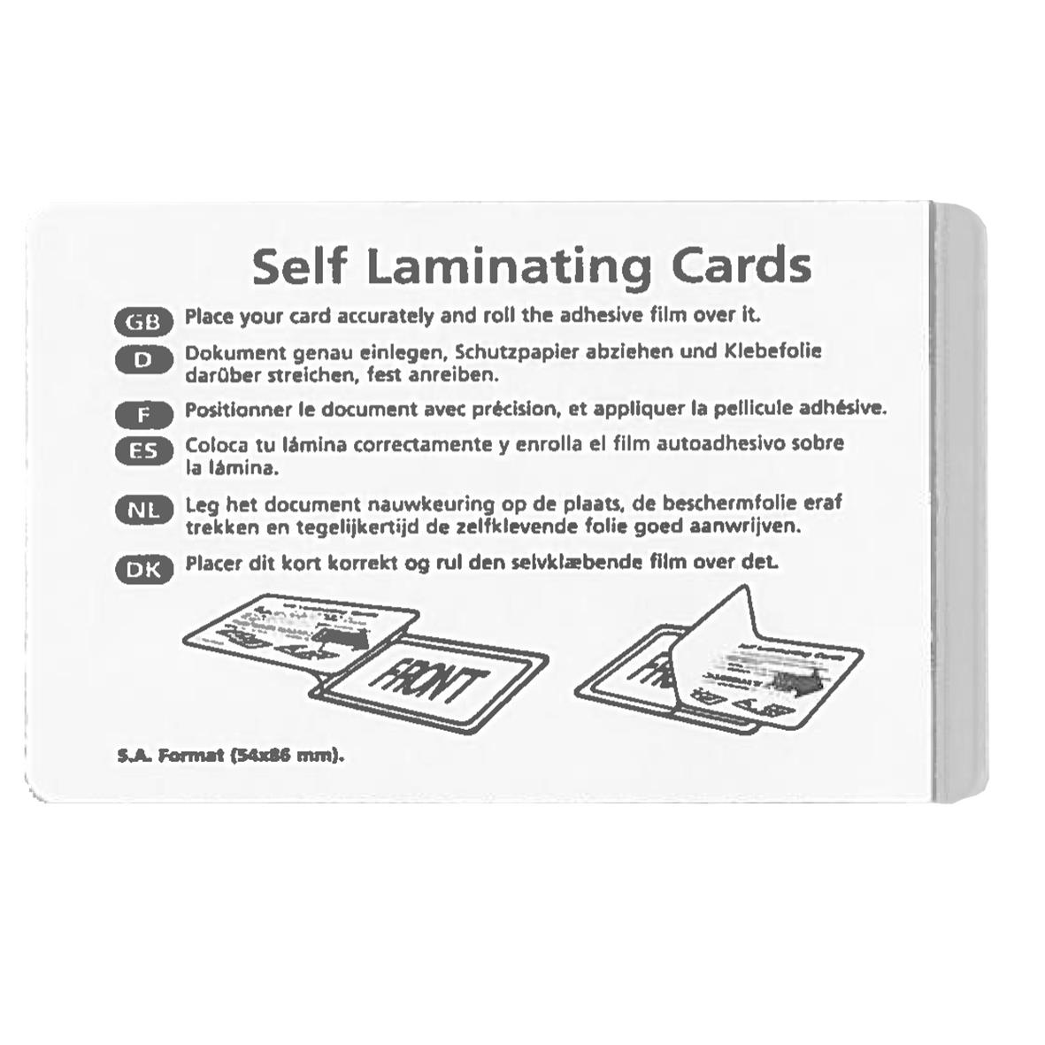 Kallamineringsficka för självlamineringskort med instruktioner på flera språk
