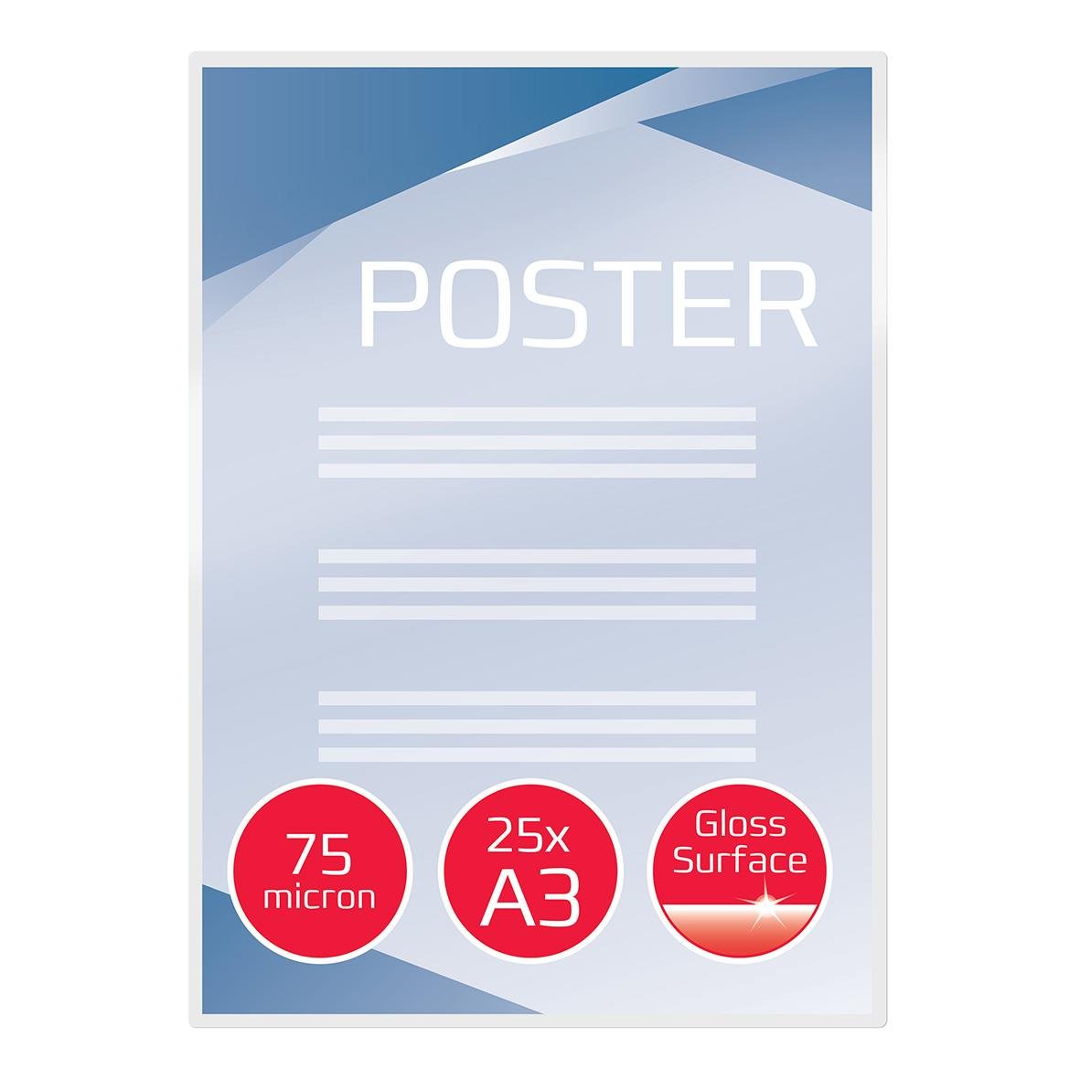 Klar lamineringsficka för A3, 75 micron, 25-pack, glansig yta