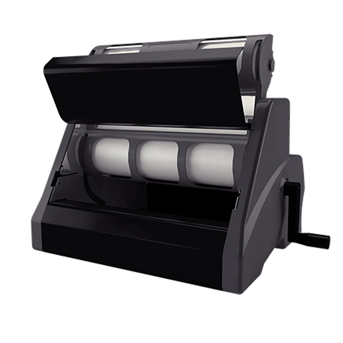 Lamineringsmaskin Xyron 1255 A3 med öppnad lock och tre rullar