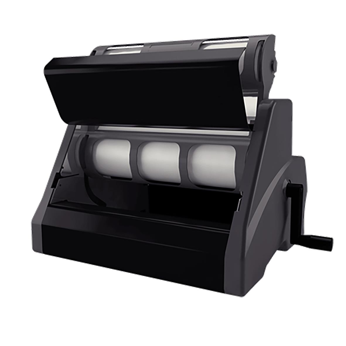 Lamineringsmaskin Xyron 1255 A3 med öppnad lock och tre rullar