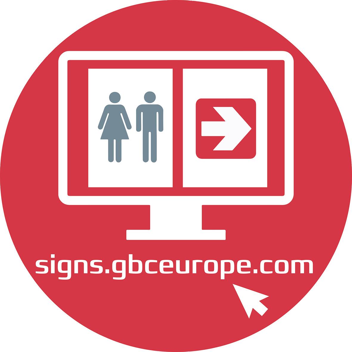 Digital skylt med man och kvinna, pil och webbadress signs.gbceurope.com