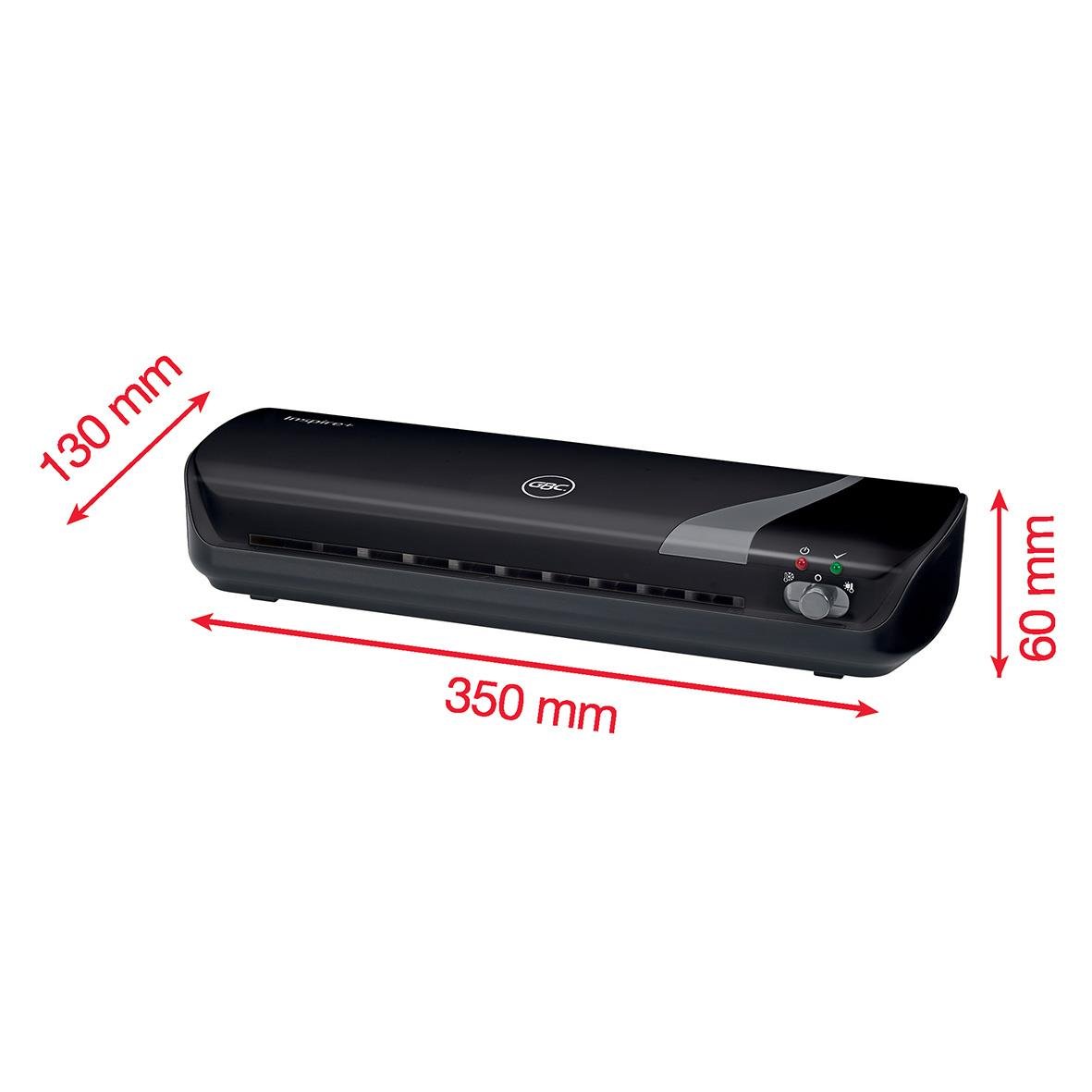 Svart lamineringsmaskin GBC Inspire+ Craftpack för A4, mått 350x130x60 mm