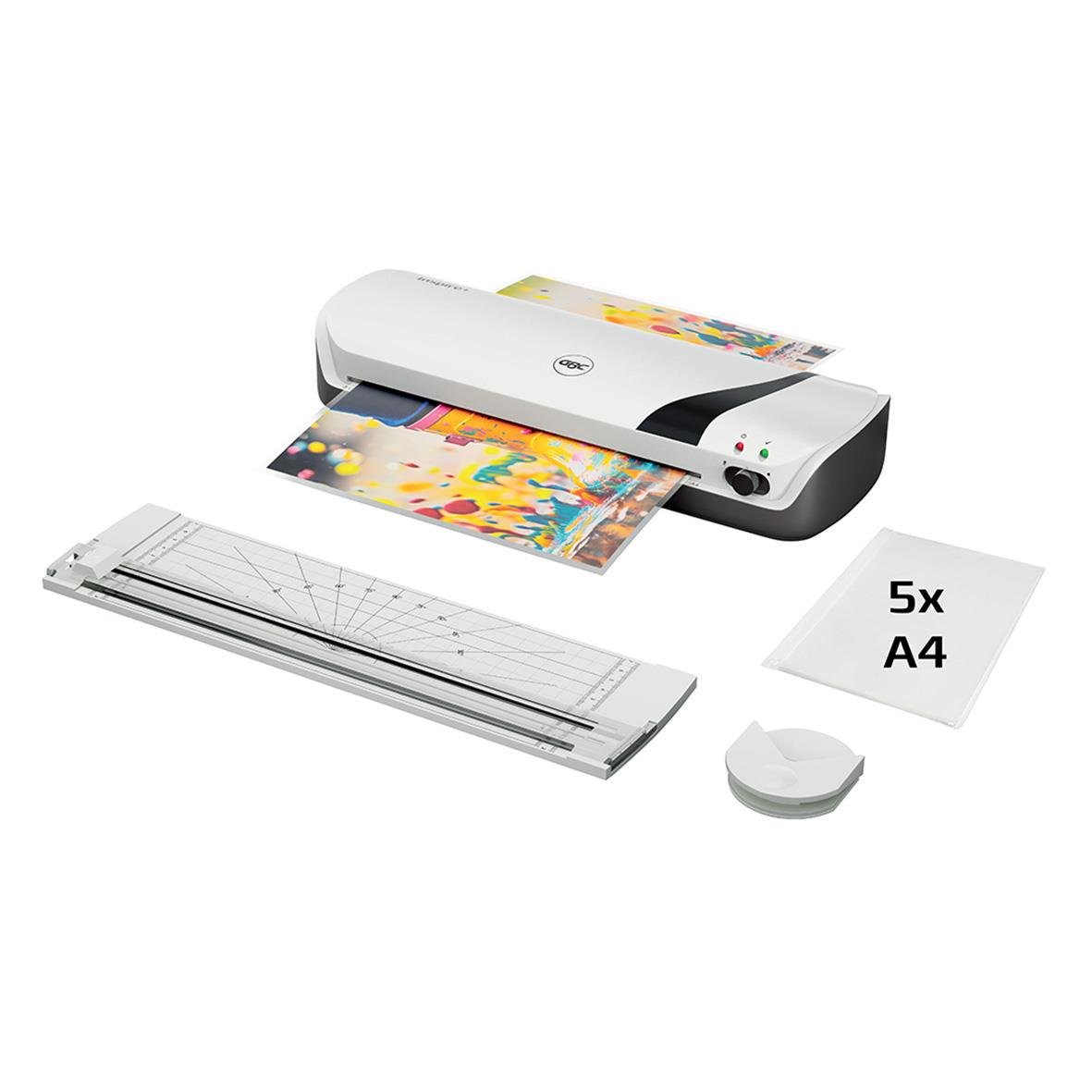 Lamineringsmaskin GBC Inspire+ Craftpack Vit A4 med laminator, skärmatta, 5x A4 lamineringsark och rundad hörnskär